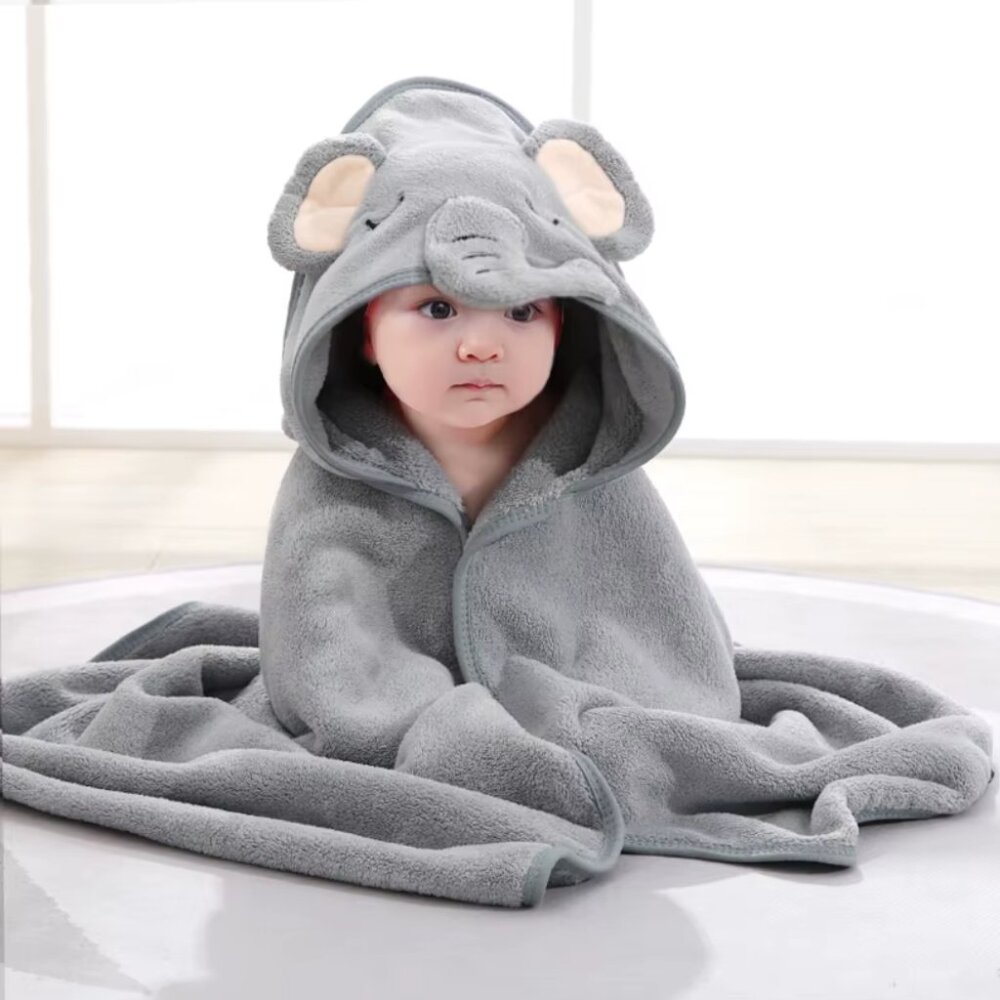 PAKNADA Microfiber Hooded Baby Towel, Robe, Grey Elephant, Unisex, Newborn to 3y